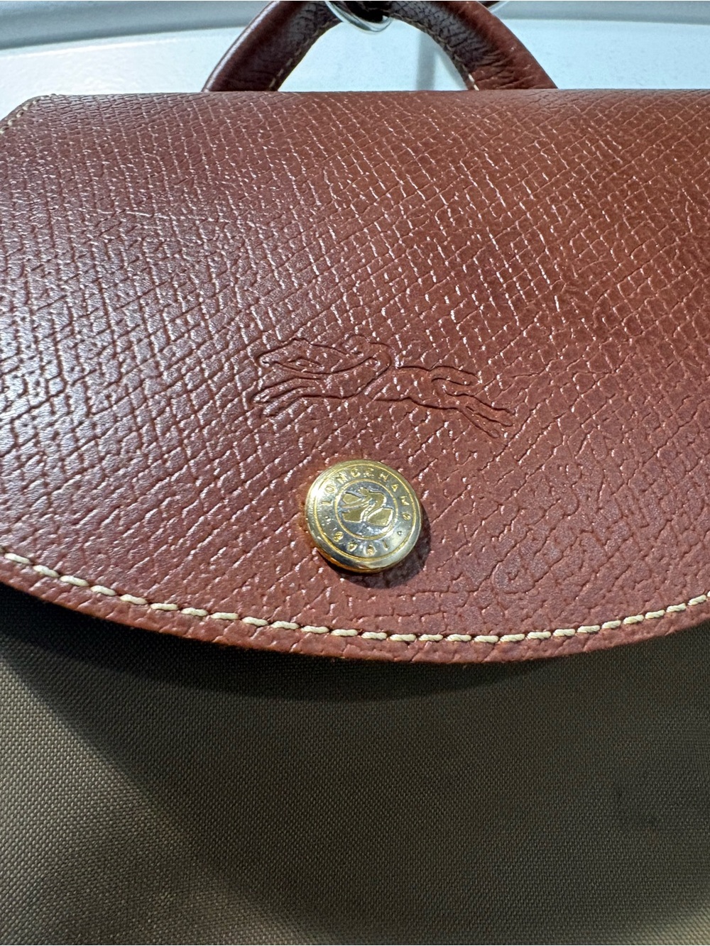 Longchamp Olive Green Backpack with Brown Trim - Picture 2 of 6